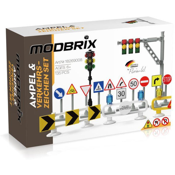 Modbrix 9008 - City Ampel & Straßenschilder Set für Straßenplatten - 135 Bauteile