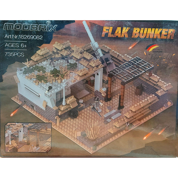 Modbrix 9082 - Atlantikwall WW2 Flak Bunker mit 8.8 Kanone, MG Nest, Sandsäcke - 735 Klemmbausteine