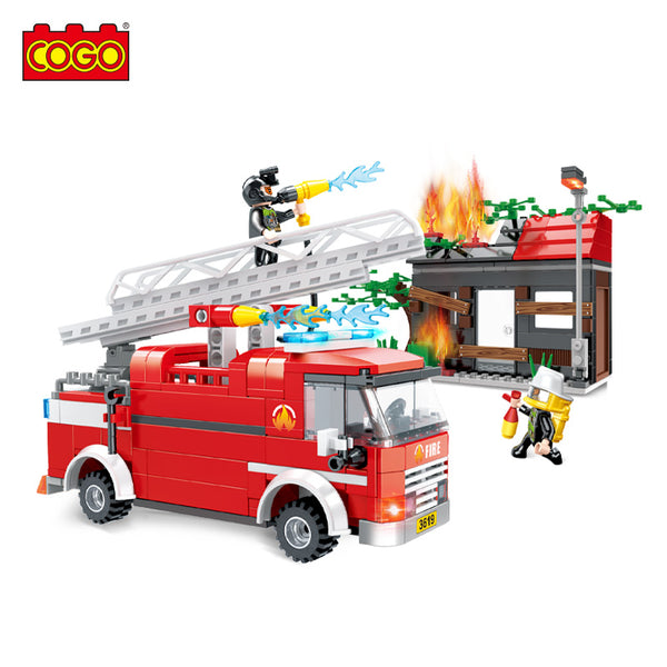 Cogo 3619 - Feuerwehrauto im Feuerwehreinsatz mit Häuserbrand - 411 Klemmbausteine
