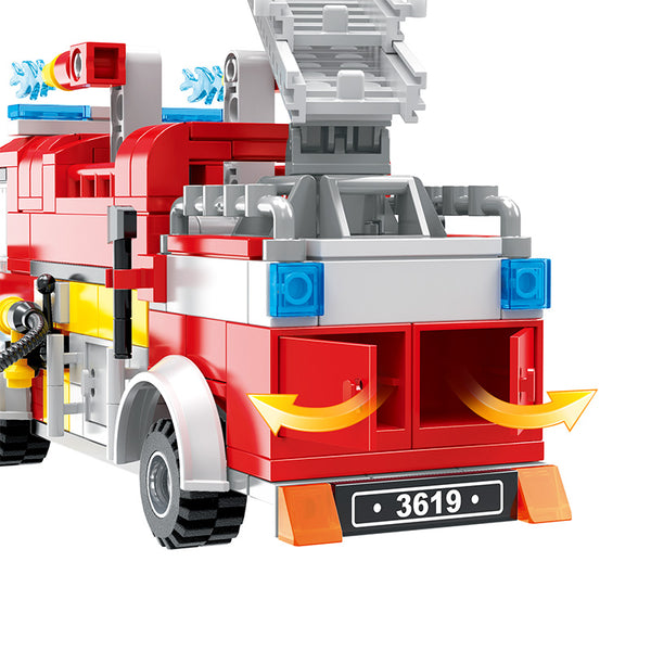 Cogo 3619 - Feuerwehrauto im Feuerwehreinsatz mit Häuserbrand - 411 Klemmbausteine