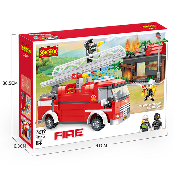 Cogo 3619 - Feuerwehrauto im Feuerwehreinsatz mit Häuserbrand - 411 Klemmbausteine