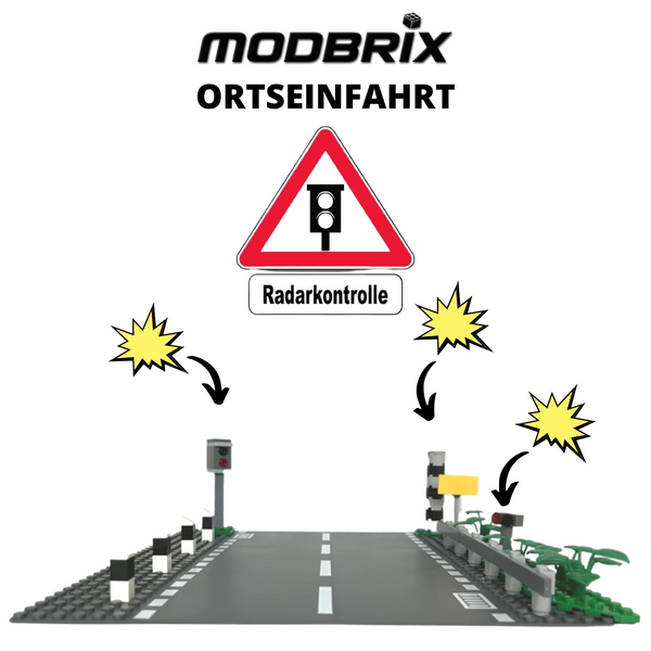 Modbrix 9058 - City Ortseinfahrt mit Blitzer & Straßen Grundplatte - 70 Klemmbausteine