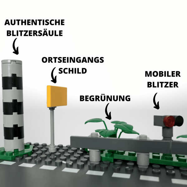 Modbrix 9058 - City Ortseinfahrt mit Blitzer & Straßen Grundplatte - 70 Klemmbausteine