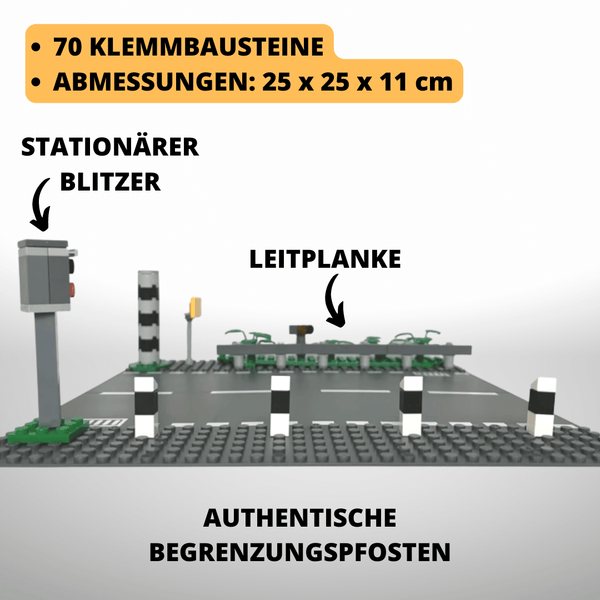 Modbrix 9058 - City Ortseinfahrt mit Blitzer & Straßen Grundplatte - 70 Klemmbausteine