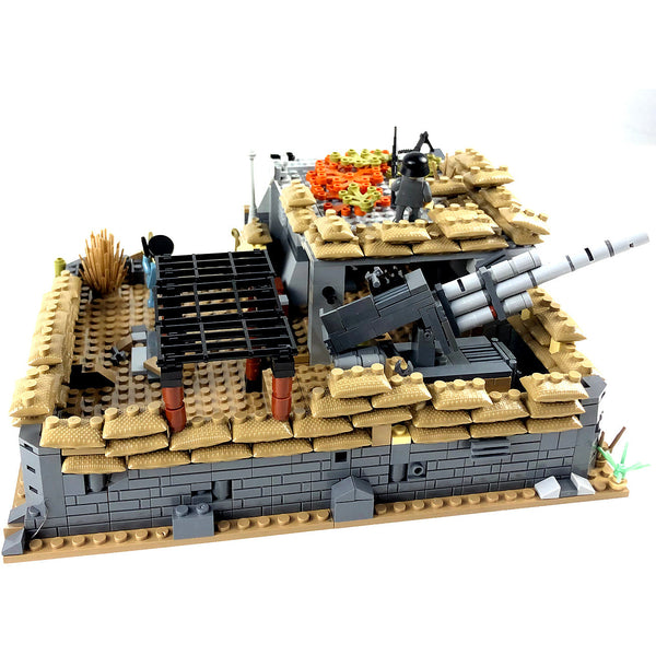 Modbrix 9082 - Atlantikwall WW2 Flak Bunker mit 8.8 Kanone, MG Nest, Sandsäcke - 735 Klemmbausteine
